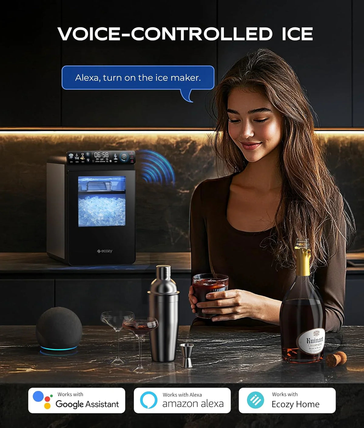 Nugget Ice Maker Countertop, Smart Pebble Ice Machine with APP Control, 44 lbs/24H Soft Pellet Chewable Ice with Self-Cleaning, Stainless Steel.