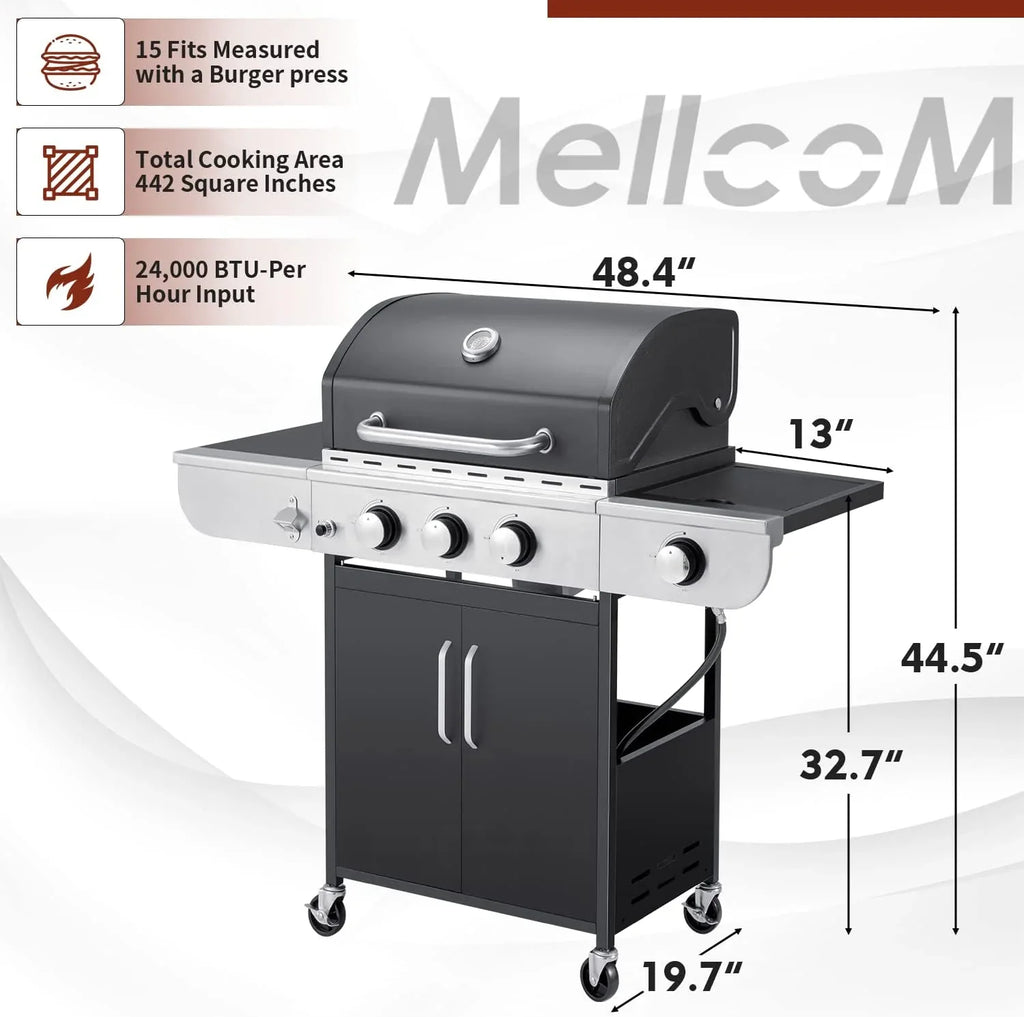 Upgraded 4 Burner BBQ Propane Gas Grill with Cast Iron Grates & Side Stove, 44,000 BTU Stainless Steel Burner Barbecue Grill for Patio, Camping, Outdoor Cooking.