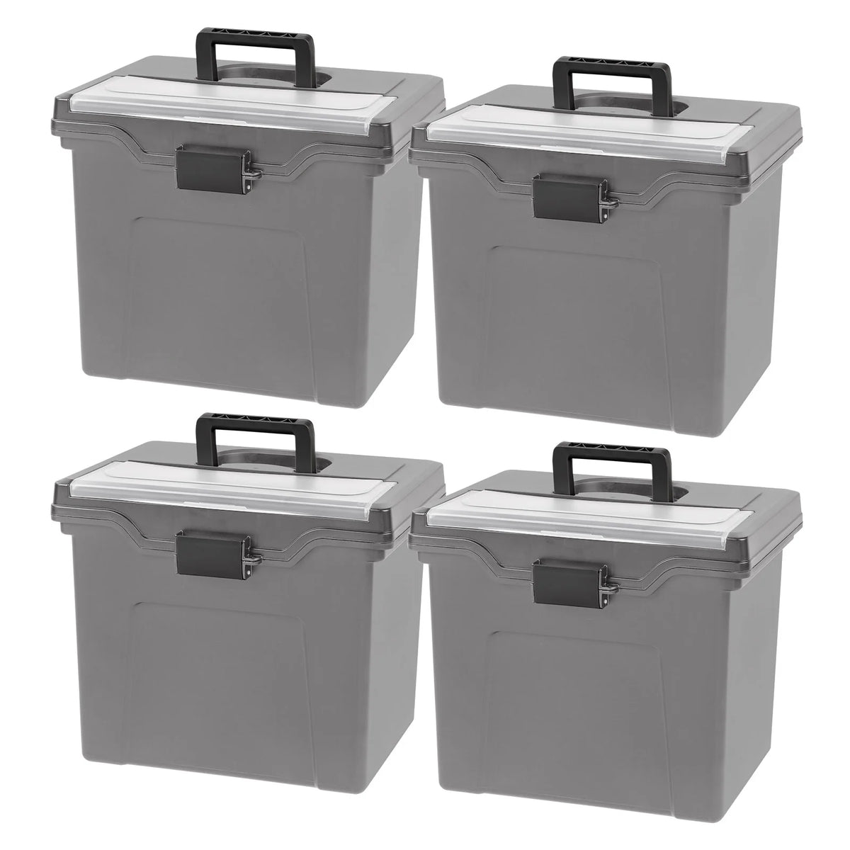 Portable Letter Plastic File Box w/Organizer Lid, Gray, 4Pk