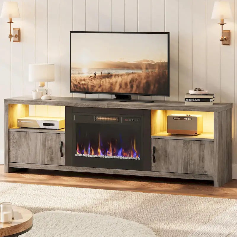 71-Inch TV Stand for 75-Inch TVs with LED Fireplace and Storage Cabinet