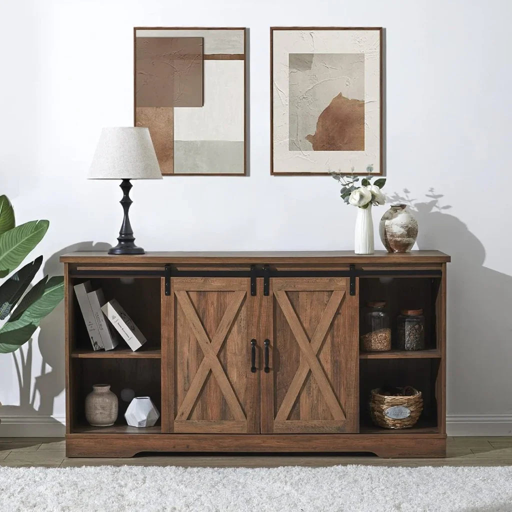 AMERLIFE Fireplace TV Stand with Sliding Barn Door for TVs up to 73", Farmhouse 63" Fireplace Entertainment Center with Storage Cabinets/Adjustable Shelves