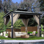 10x10 Hardtop Gazebo with double metal roof, aluminum frame, net, and curtain. All-weather, ideal for patio, deck, garden, backyard. Khaki.