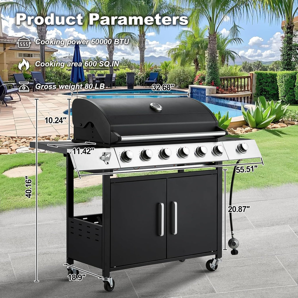 Upgraded 4 Burner BBQ Propane Gas Grill with Cast Iron Grates & Side Stove, 44,000 BTU Stainless Steel Burner Barbecue Grill for Patio, Camping, Outdoor Cooking.