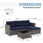 JOIVI 3 Pieces Patio Conversation Set, PE Wicker Rattan Outdoor Furniture Set, 2 Ways Small Sectional Sofa, Tempered Glass Coffee Table, Silver-Gray