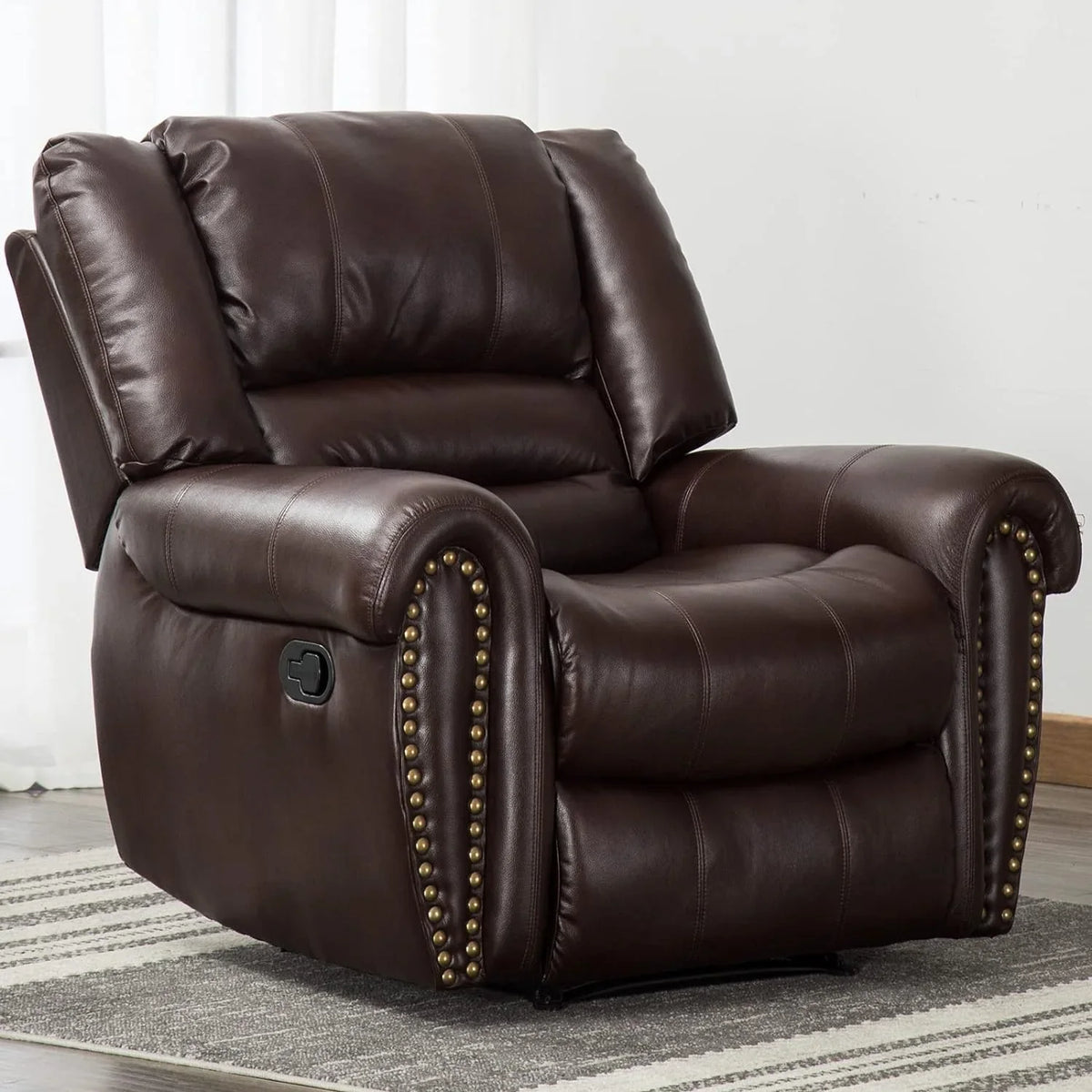 CANMOV Leather Recliner Chair, Classic and Traditional Manual Recliner Chair with Comfortable Arms and Back Single Sofa for Living Room, Nut Brown