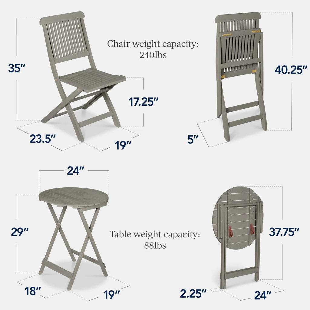 Best Choice Products 3-Piece Acacia Wood Bistro Set, Folding Patio Furniture w/ 2 Chairs, Table - Natural