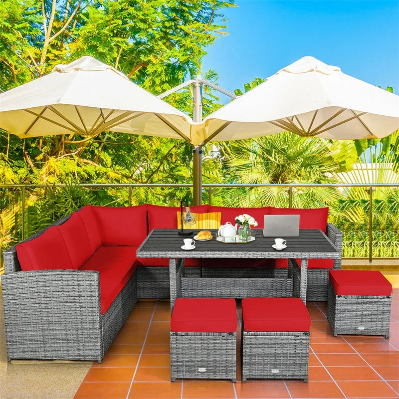 7 Pcs Rattan Patio Dining Furniture Sectional Sofa Set with Dining Table, Ottomans & Cushions