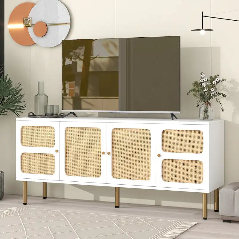 Bohemian Country Wood and Rattan TV Stand Media Console Storage Cabinet - Dimensions: 16.9" x 64.9" x 28.3"
