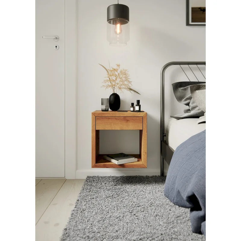 Solid Oak Scandinavian Floating Nightstand with Drawer - Stylish Bedroom Side Table