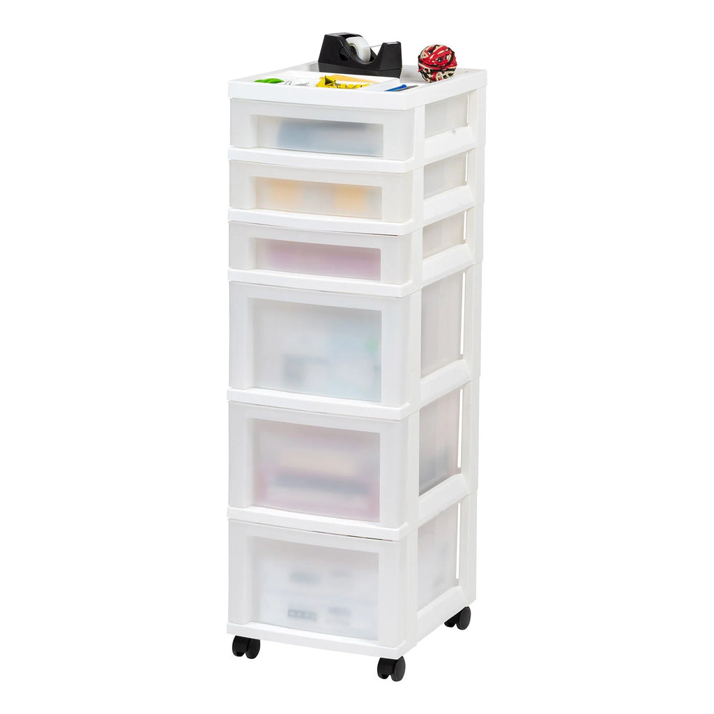 6-Drawer Storage Cart with Organizer Top, White/Pearl