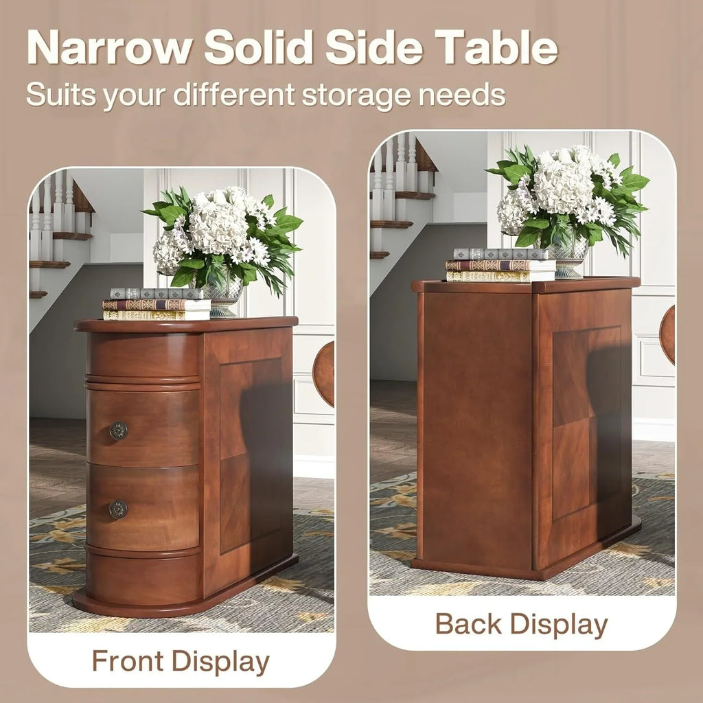 Solid Wood Chairside End Table, Two-Drawer Narrow Side Table Slim