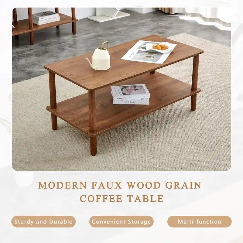39-Inch Coffee Table with Two-Tier Design and Rubberwood Legs