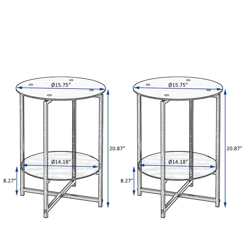 Black 2-Piece Tempered Glass End Table Set - Round Coffee Table for Bedroom, Living Room, and Office