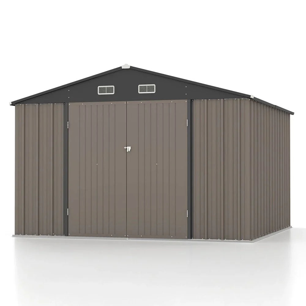 Patiowell 10×10 ft Metal Storage Shed, Sloping Roof, Double Lockable Doors, Galvanized Steel, Coffee Brown