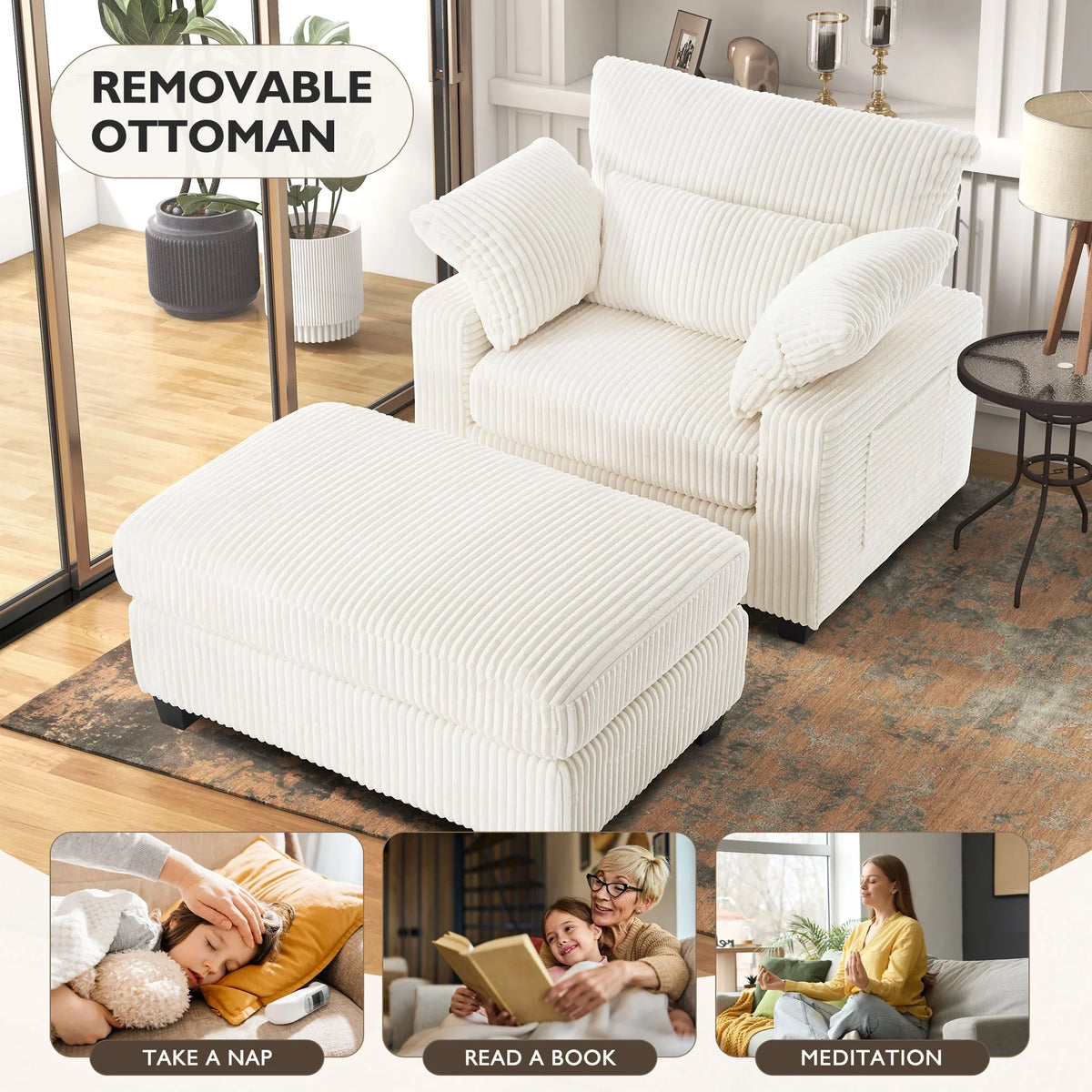 BedLuxury Oversized Accent Chair with Ottoman for Living Room, Single Sleeper Sofa Armchair with 3 Pillows, Lounge Sofa Bed, Green