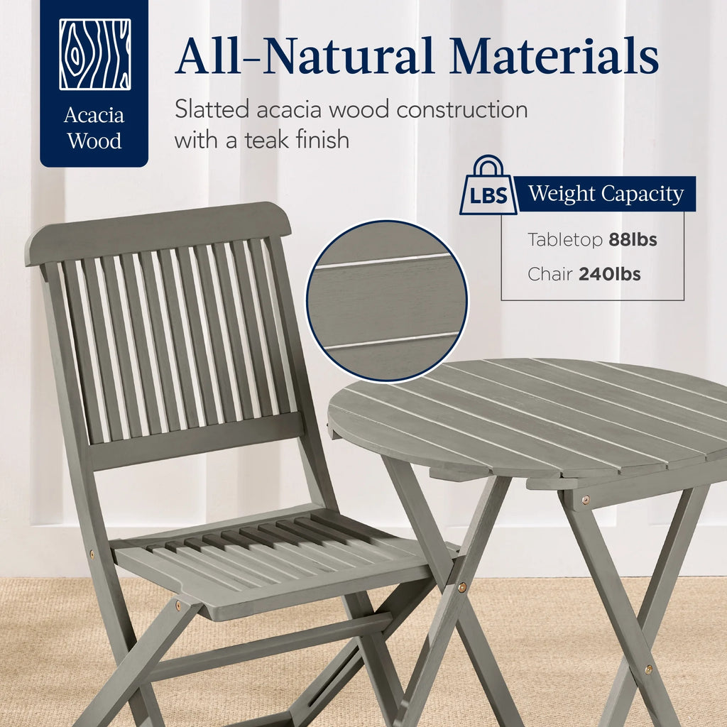 Best Choice Products 3-Piece Acacia Wood Bistro Set, Folding Patio Furniture w/ 2 Chairs, Table - Natural