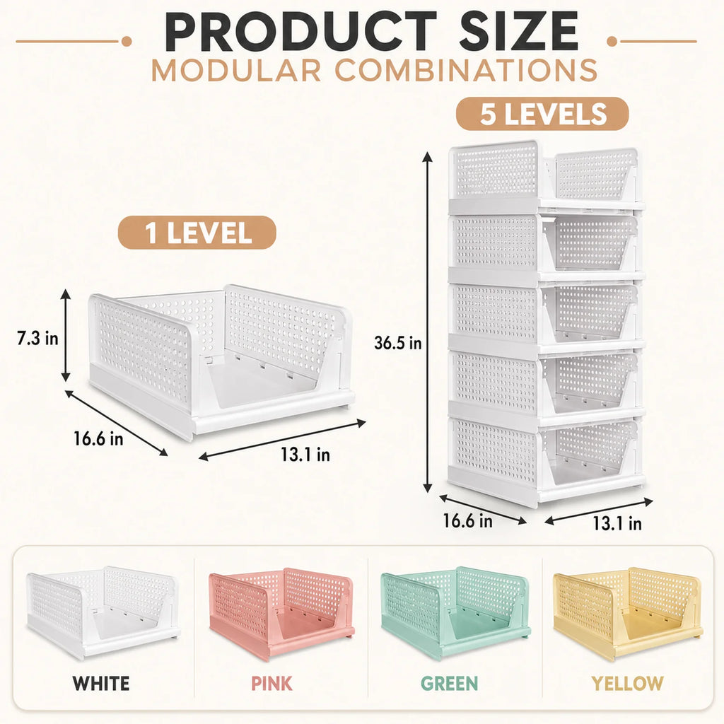 8-Pack Stackable Closet Storage Bins with Pull-Out Rails, White Foldable PP Organizers