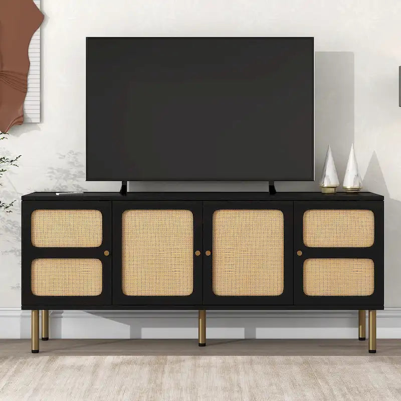 Bohemian Country Wood and Rattan TV Stand Media Console Storage Cabinet - Dimensions: 16.9" x 64.9" x 28.3"