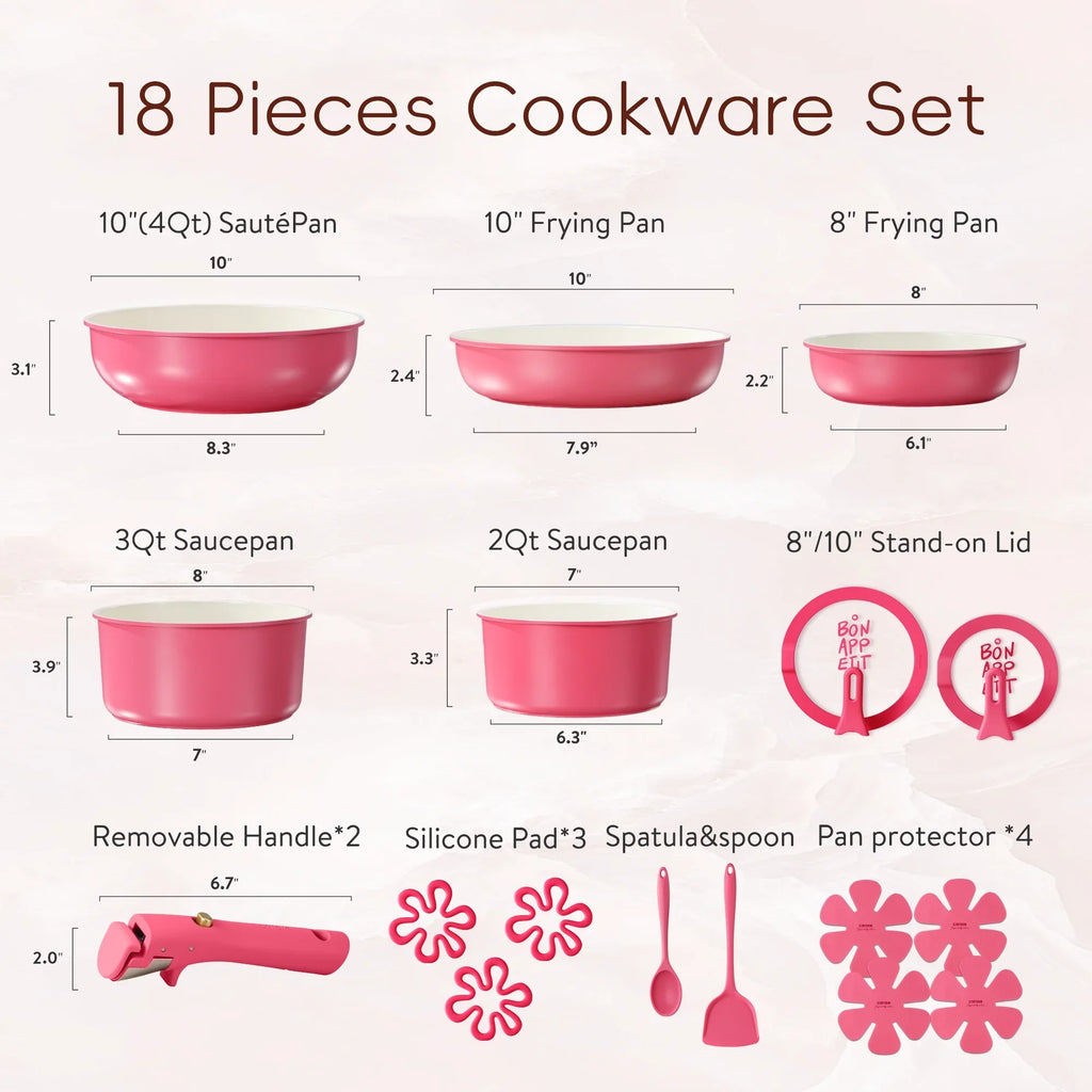 Carote 18 Pcs Ceramic Nonstick Cookware Set, Pots and Pans Set with Detachable Handles, Oven/Dishwasher Safe, Stackable Kitchen Cooking Set, White