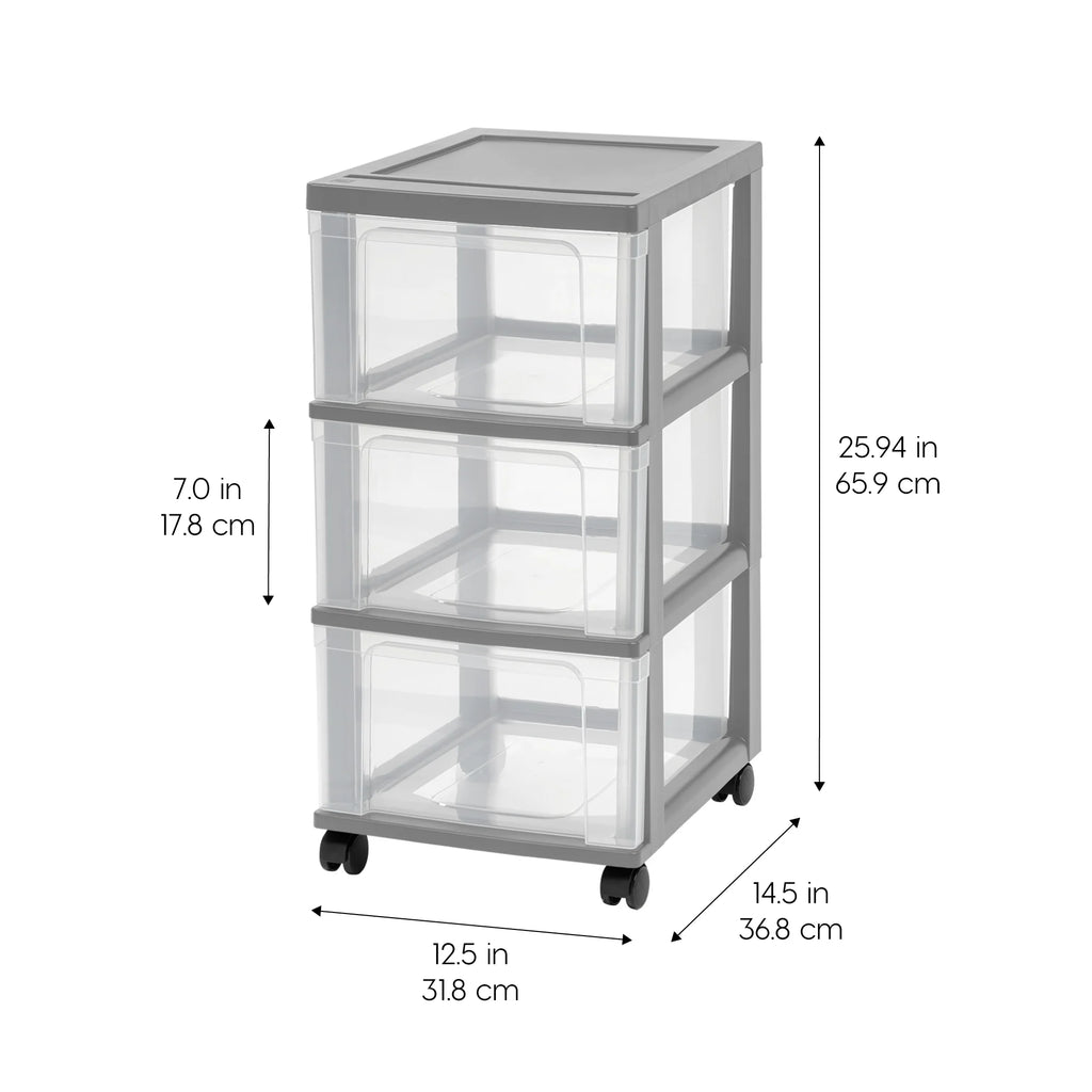 3-Drawer Narrow Plastic Storage Drawer Cart, Gray, Set of 2