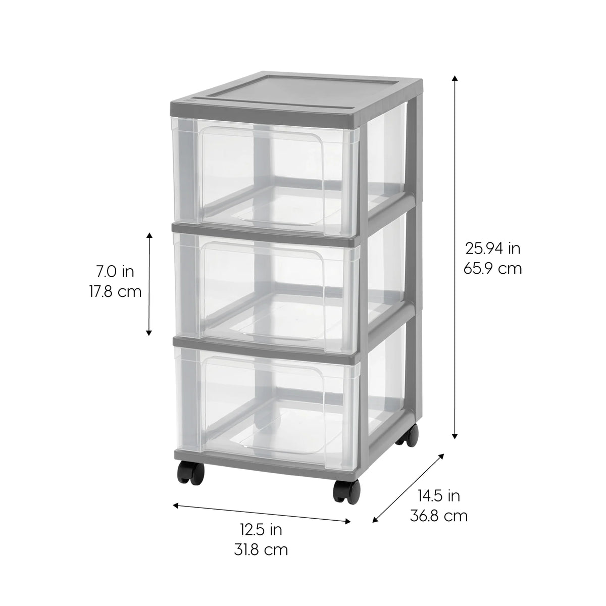 3-Drawer Narrow Plastic Storage Drawer Cart, Gray, Set of 2
