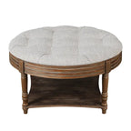 Round Storage Ottoman Coffee Table with Tufted Seat and Wooden Base