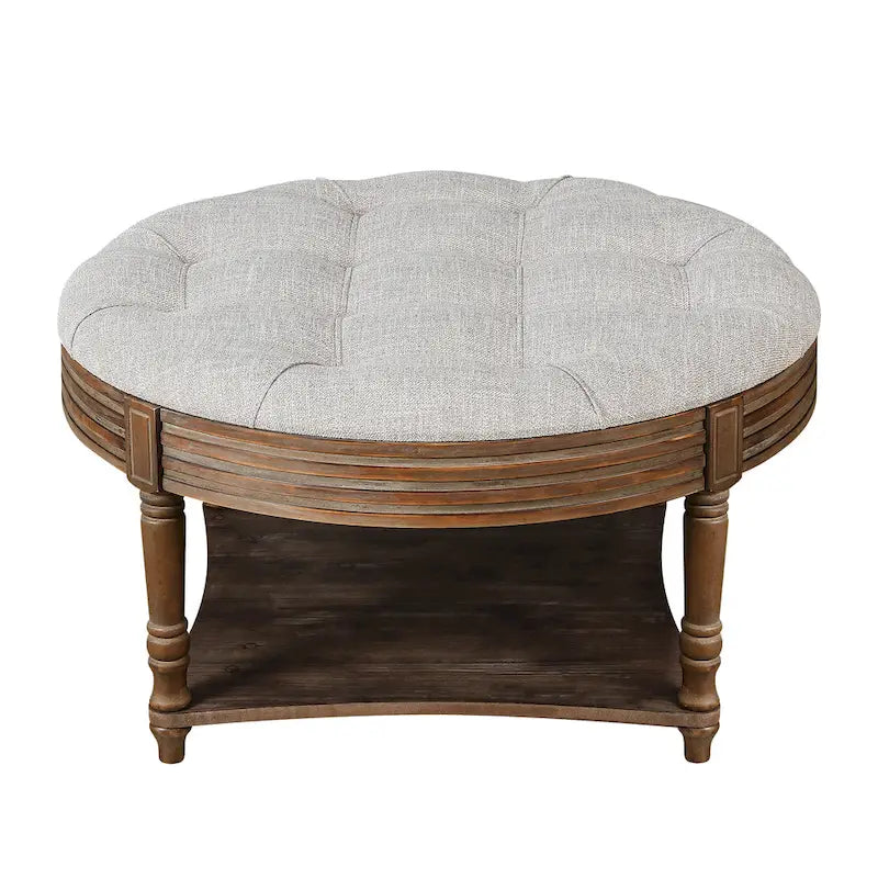 Round Storage Ottoman Coffee Table with Tufted Seat and Wooden Base