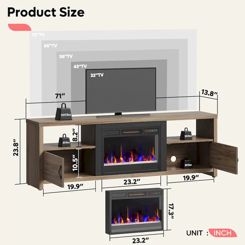71-Inch TV Stand for 75-Inch TVs with LED Fireplace and Storage Cabinet