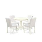 East West Furniture Round Dining Table Set - Kitchen Table with White Faux Leather Parson Chairs in Linen White (Various Piece Options)