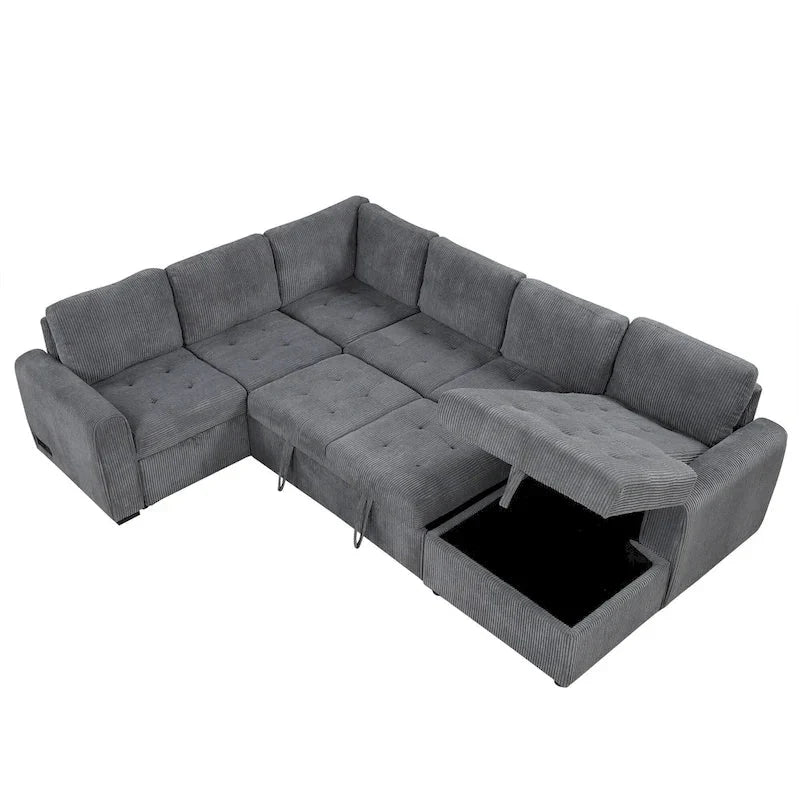 Roomfitters U-Shaped Sectional Sofa with Pull-Out Bed, Storage Chaise Lounge, and Integrated Charging Ports for Living Room