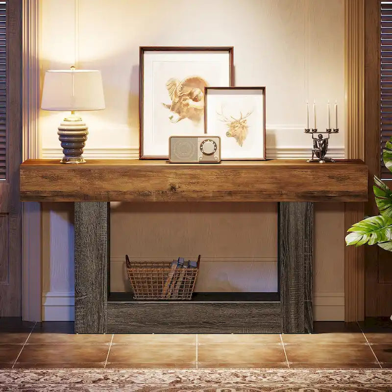 63-Inch Brown and Gray Slim Wooden Console Table for Entryway
