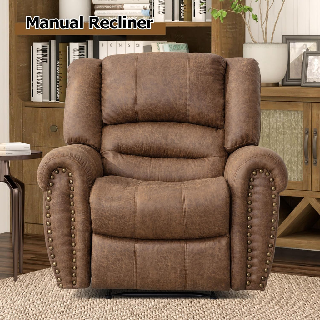 CANMOV Leather Recliner Chair, Classic and Traditional Manual Recliner Chair with Comfortable Arms and Back Single Sofa for Living Room, Nut Brown
