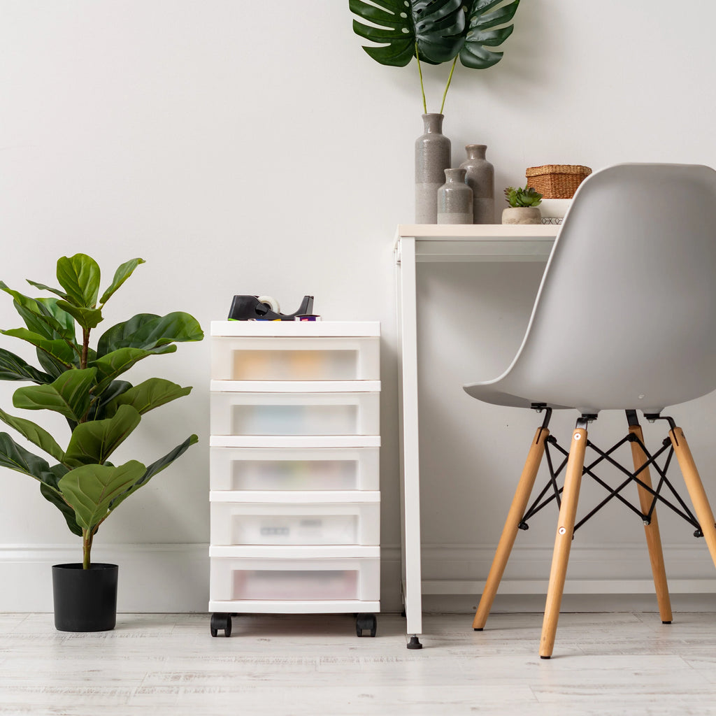 5-Drawer Storage Cart with Organizer Top, White/Pearl