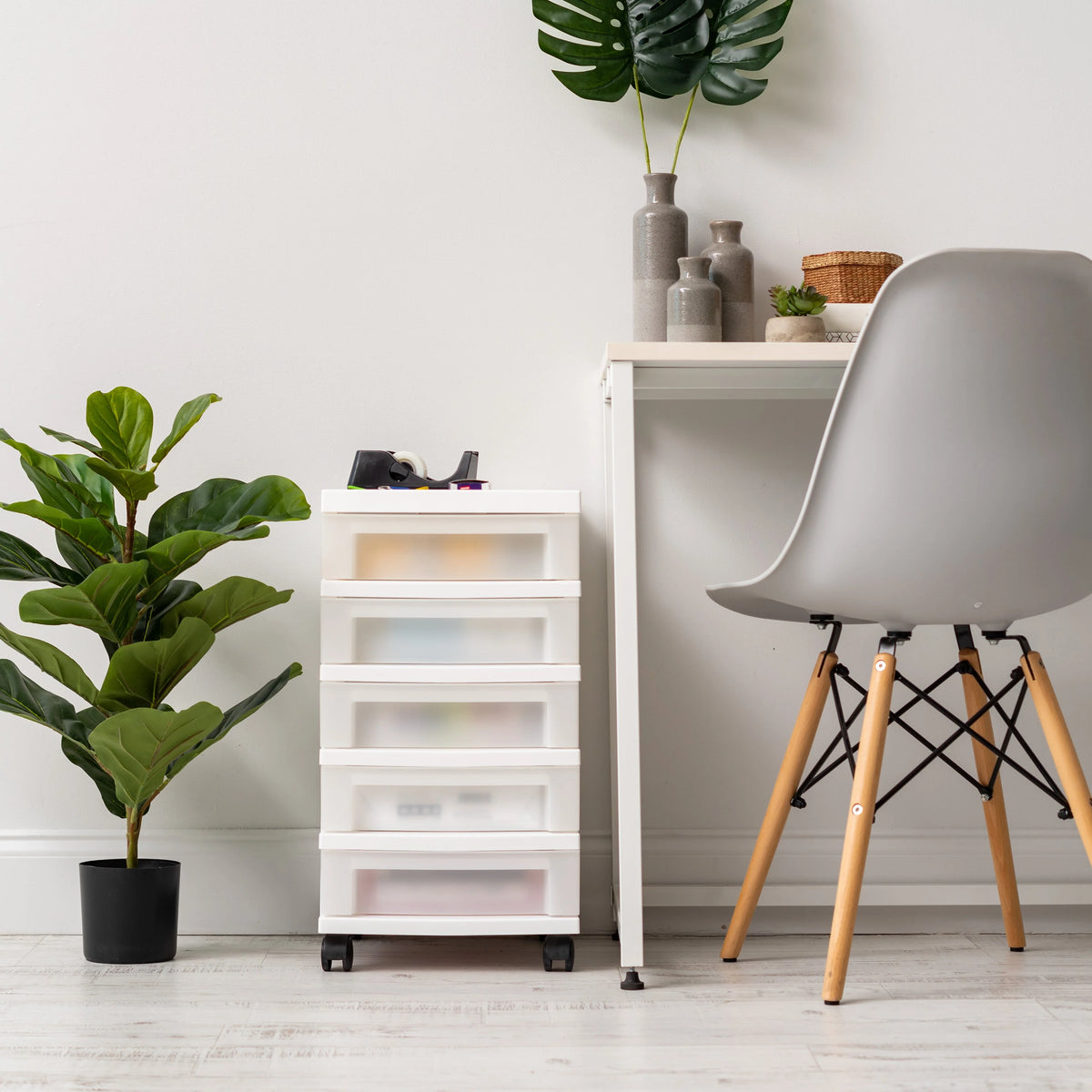 5-Drawer Storage Cart with Organizer Top, White/Pearl