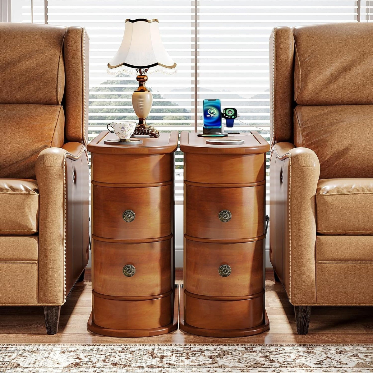 Solid Wood Chairside End Table, Two-Drawer Narrow Side Table Slim