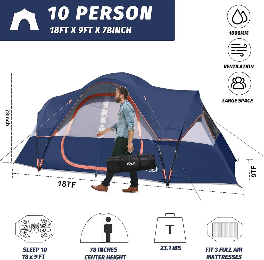 UNP Camping Tent 10-Person-Family Tents, Parties, Music Festival Tent, Big, Easy Up, 5 Large Mesh Windows, Double Layer, 2 Room, Waterproof, Weather Resistant, 18ft x 9ft x78in