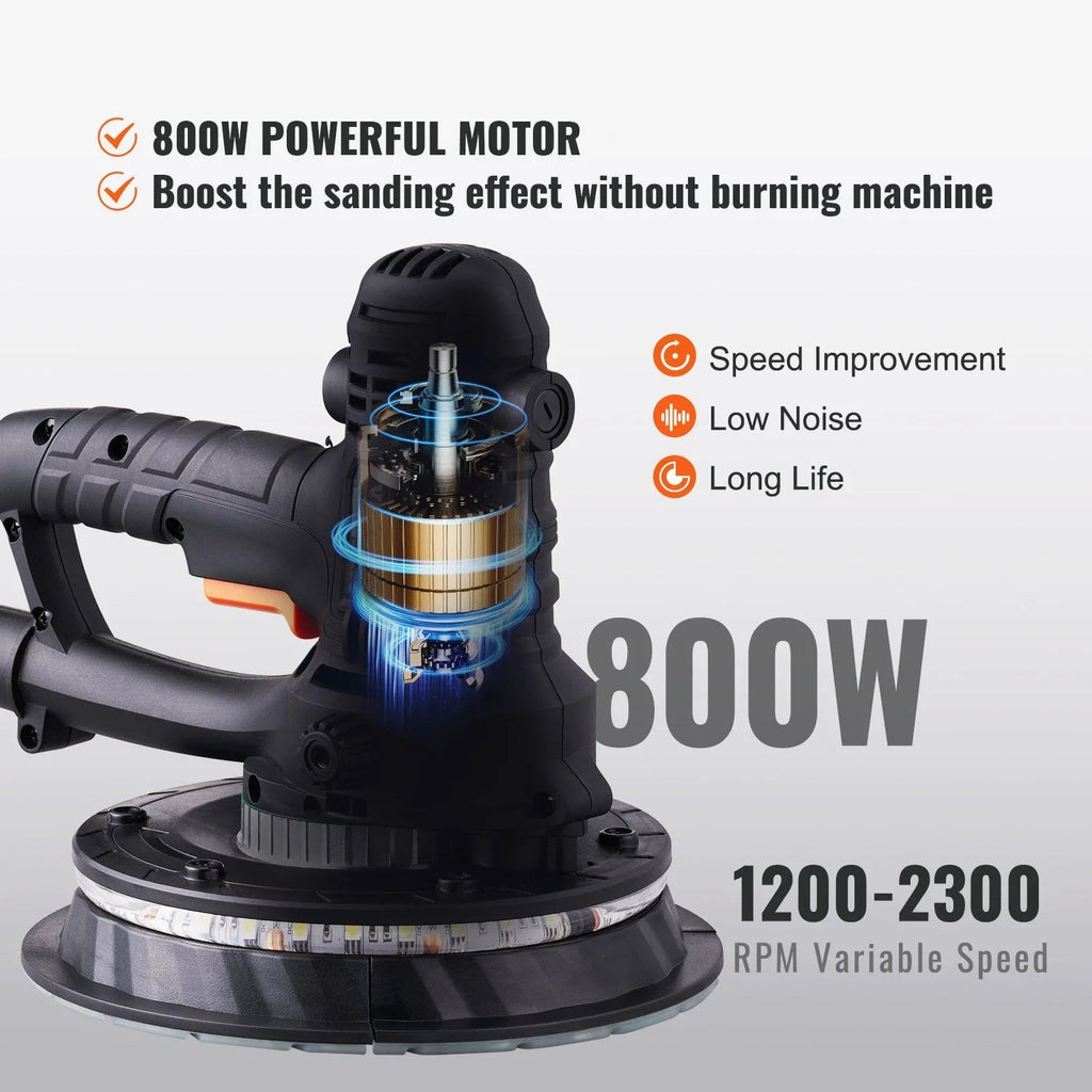 800W Electric Drywall Sander with Dust Extraction, Adjustable RPM 1200-2300, Brush Motor for Efficient Wall Sanding & Polishing