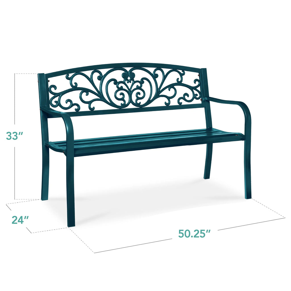 Best Choice Products Outdoor Steel Bench Garden Patio Porch Furniture W/ Floral Design Backrest - Black