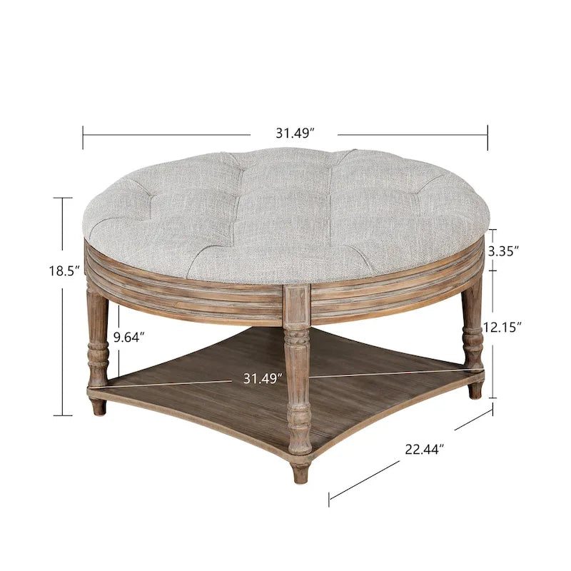 Round Storage Ottoman Coffee Table with Tufted Seat and Wooden Base