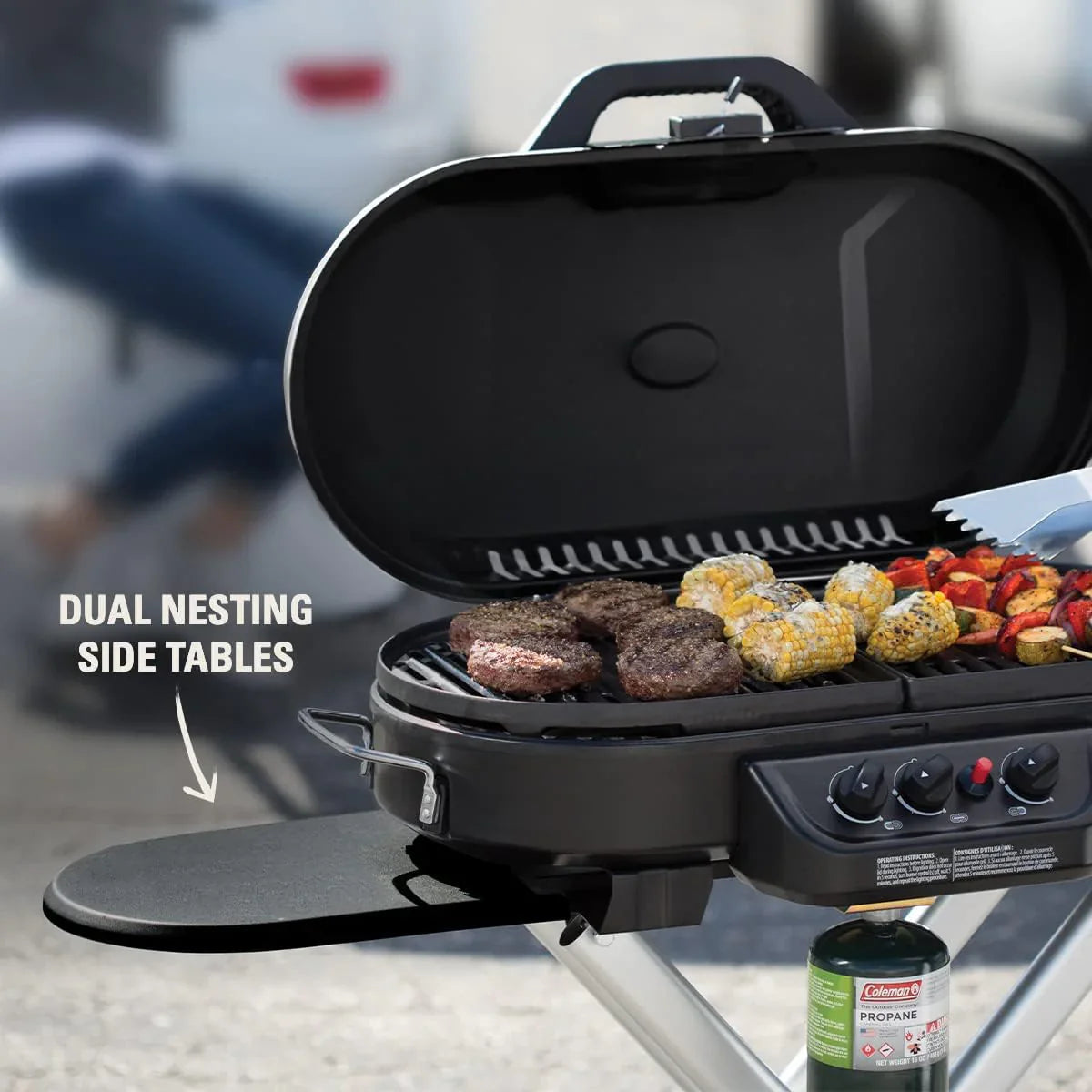 RoadTrip 285 Portable Stand-Up Propane Grill with 3 Adjustable Burners & Instastart Ignition, 20,000 BTUs of Power for Outdoor Cooking, Camping, Tailgating, Grilling, BBQs, & More