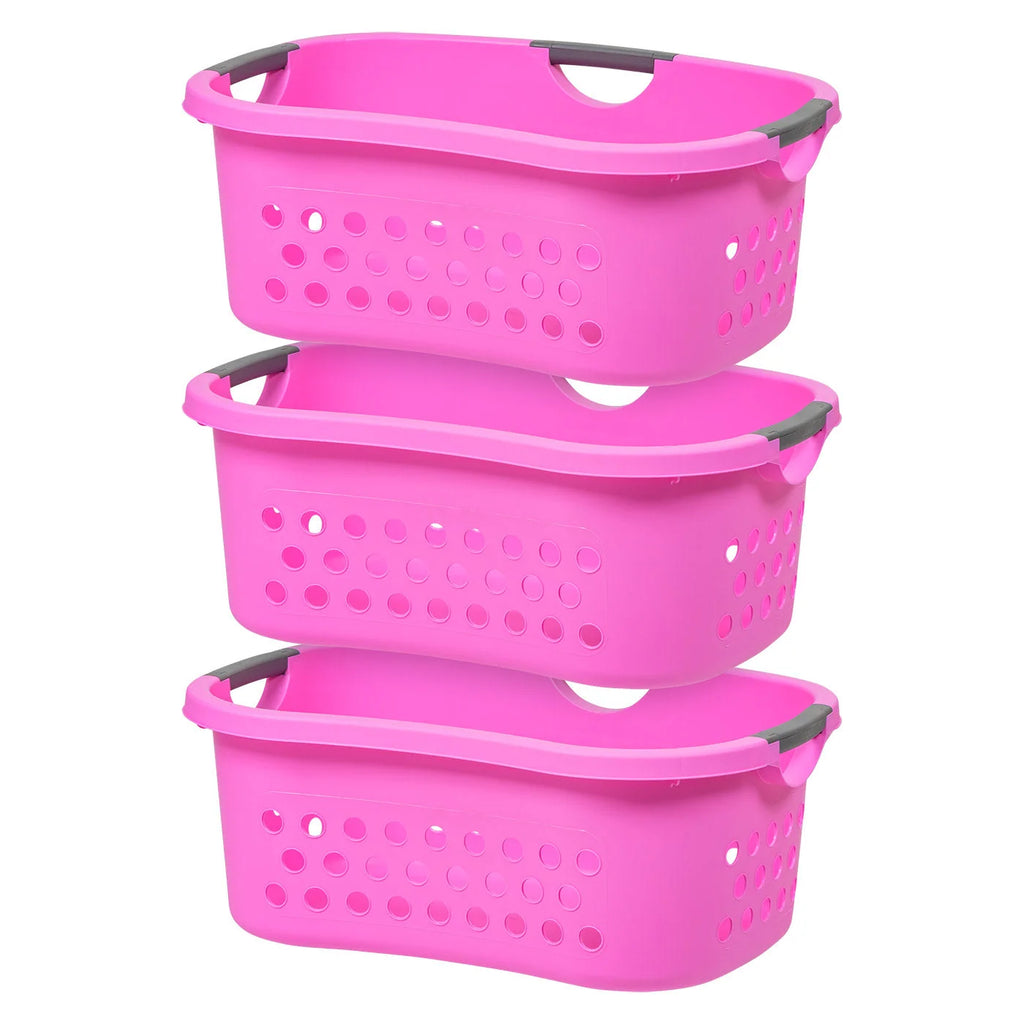 Hip Grip Laundry Basket – Large Pink Plastic Organizer with Comfort Handles, 3-Pack