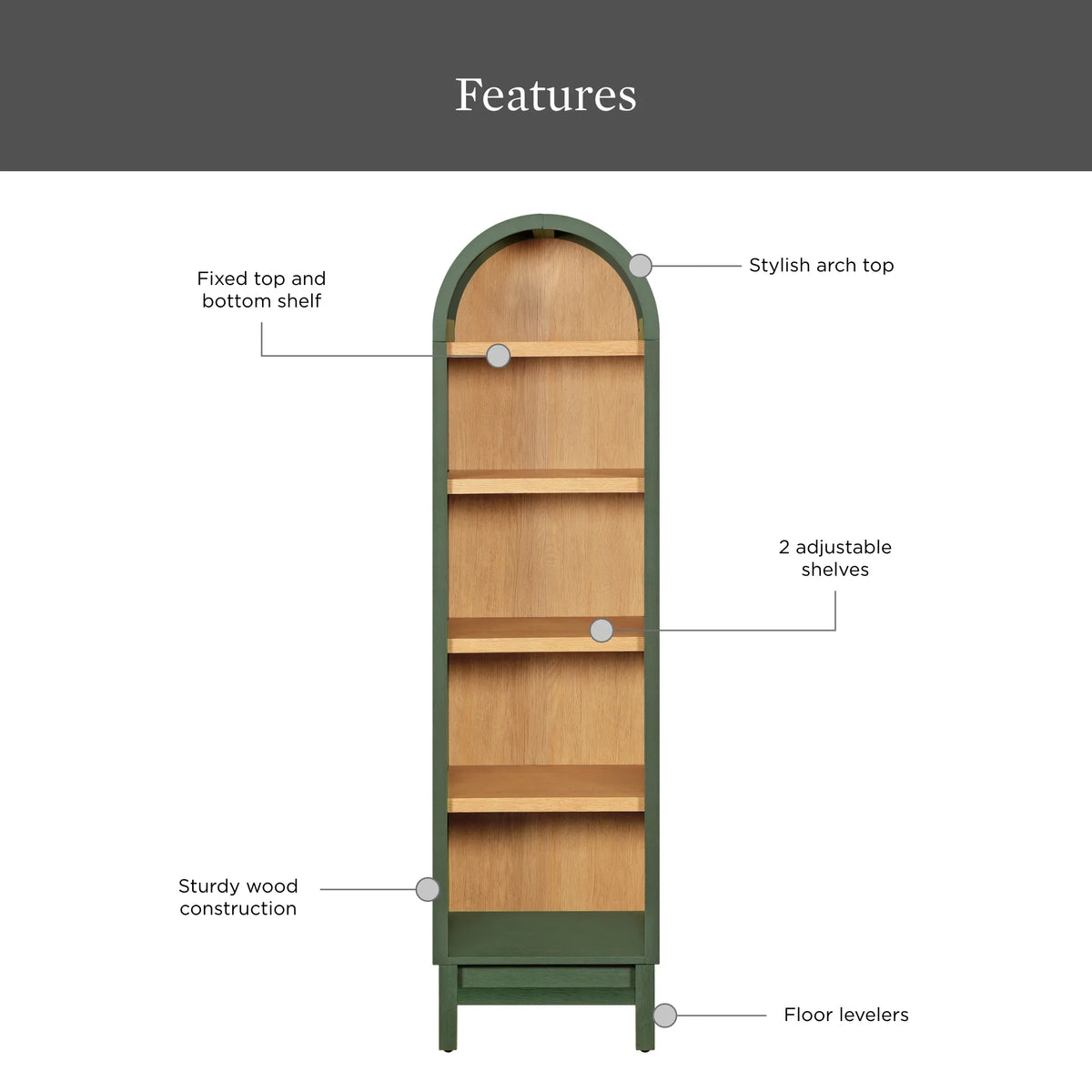 Better Homes & Gardens Juliet Narrow Arch Bookcase, Deep Green and Light Honey