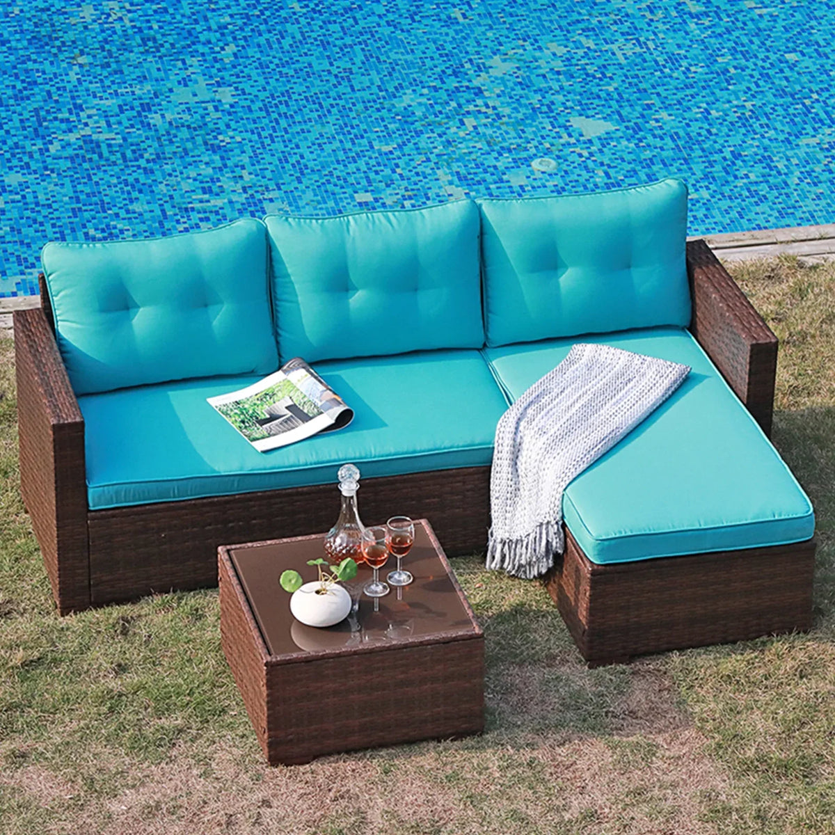 JOIVI 3 Pieces Patio Conversation Set, PE Wicker Rattan Outdoor Furniture Set, 2 Ways Small Sectional Sofa, Tempered Glass Coffee Table, Silver-Gray