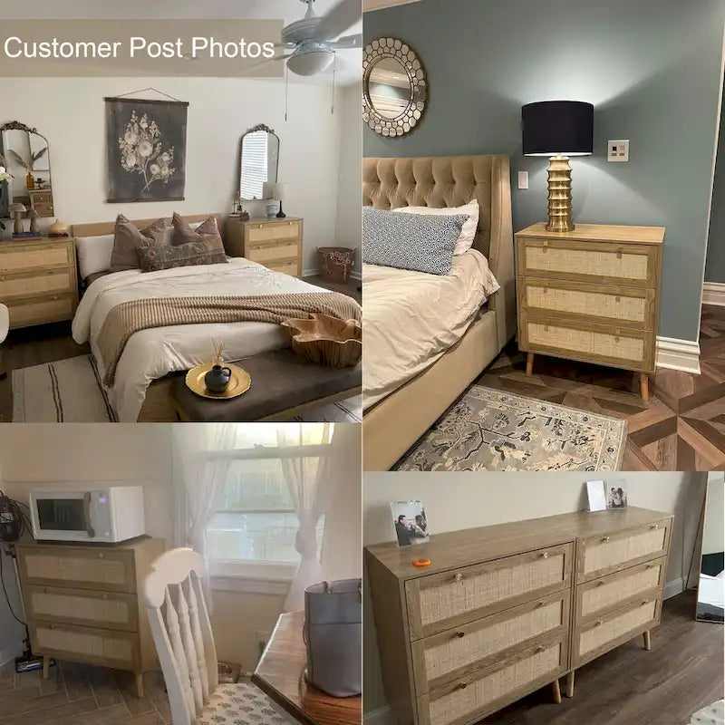 Modern Boho 3-Drawer Rattan Dresser - Stylish Chest of Drawers with Ample Storage for Your Bedroom