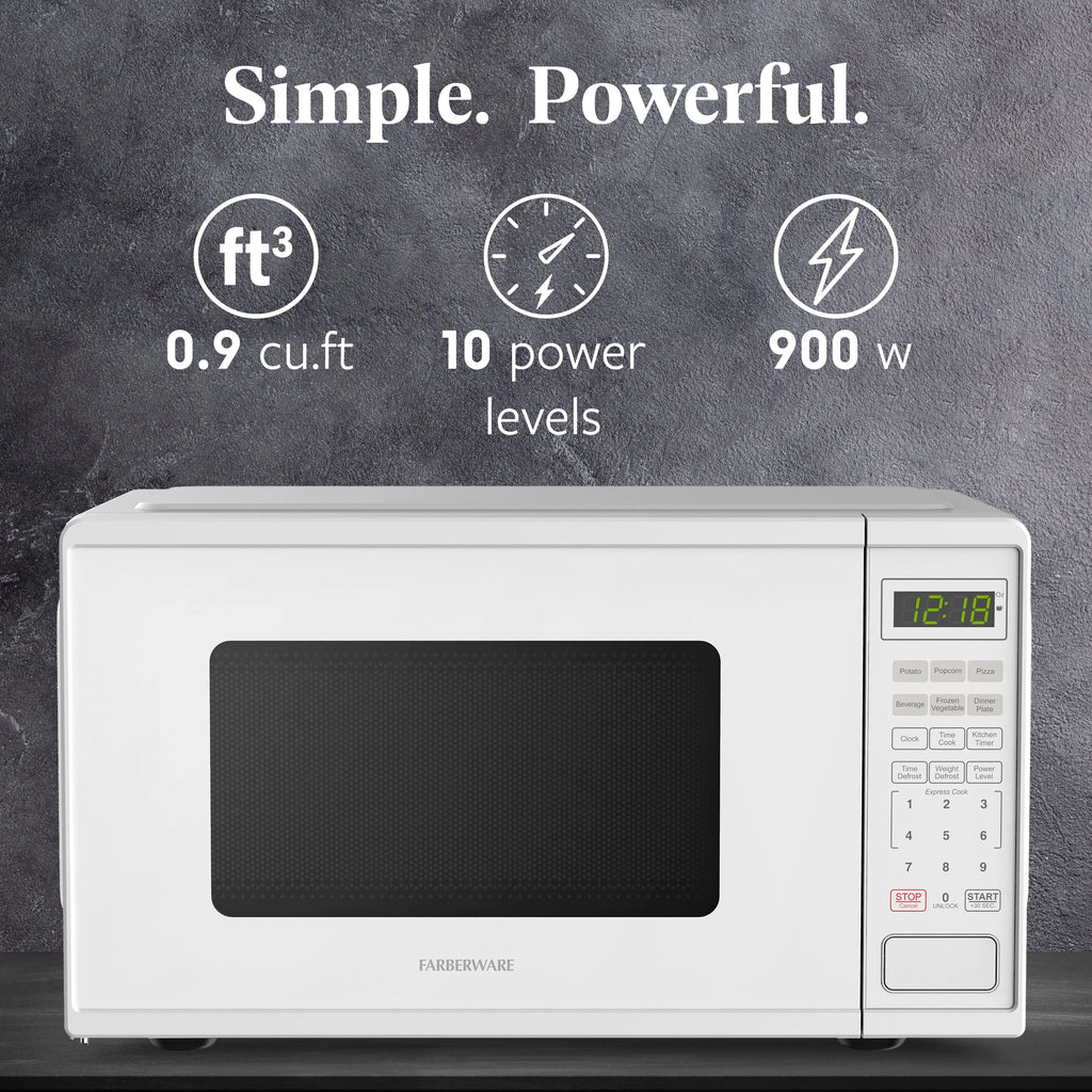 Farberware FMGZ09BKA 0.9 Cu. Ft. Microwave Oven, 900W, Digital Control, LED Display, 6 Cooking Presets, Black