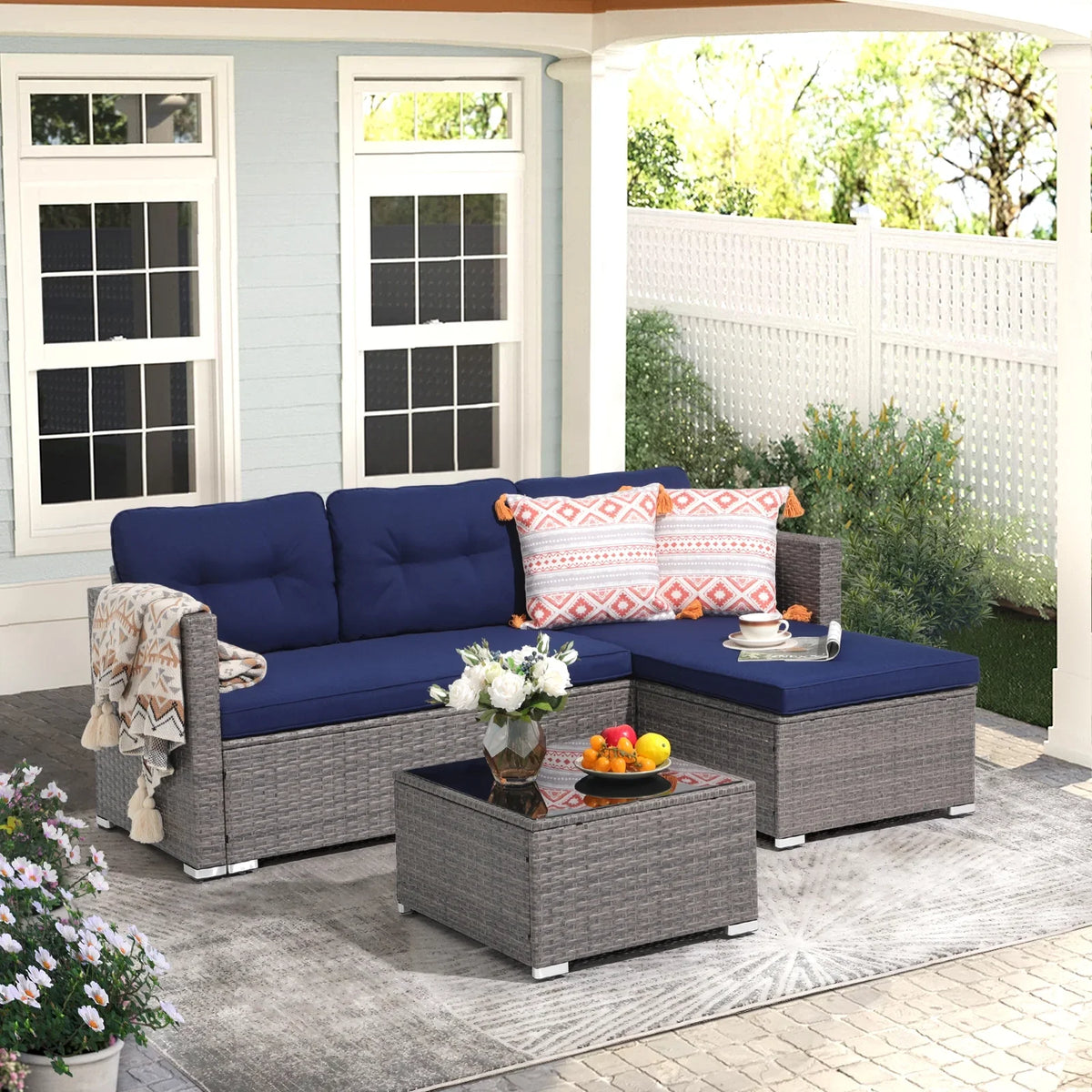 JOIVI 3 Pieces Patio Conversation Set, PE Wicker Rattan Outdoor Furniture Set, 2 Ways Small Sectional Sofa, Tempered Glass Coffee Table, Silver-Gray