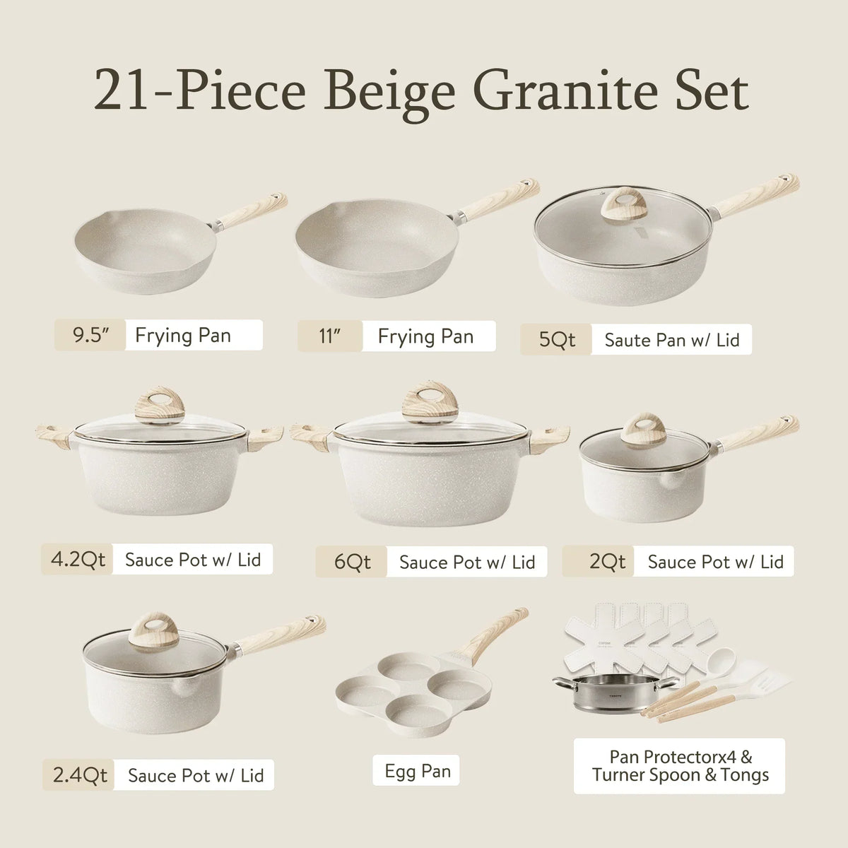 Carote Non Stick Pots and Pans Set, 21 Pcs Induction Kitchen Cookware Sets (Beige Granite)