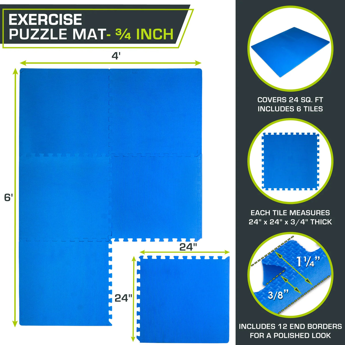 Weaved Pattern Exercise Puzzle Mat 3/4-in | 24 Sq Ft - 6 Tiles / Blue