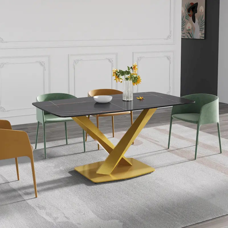 63-Inch Contemporary Dining Table with Slate Stone Surface and Metal Legs, Marble Finish